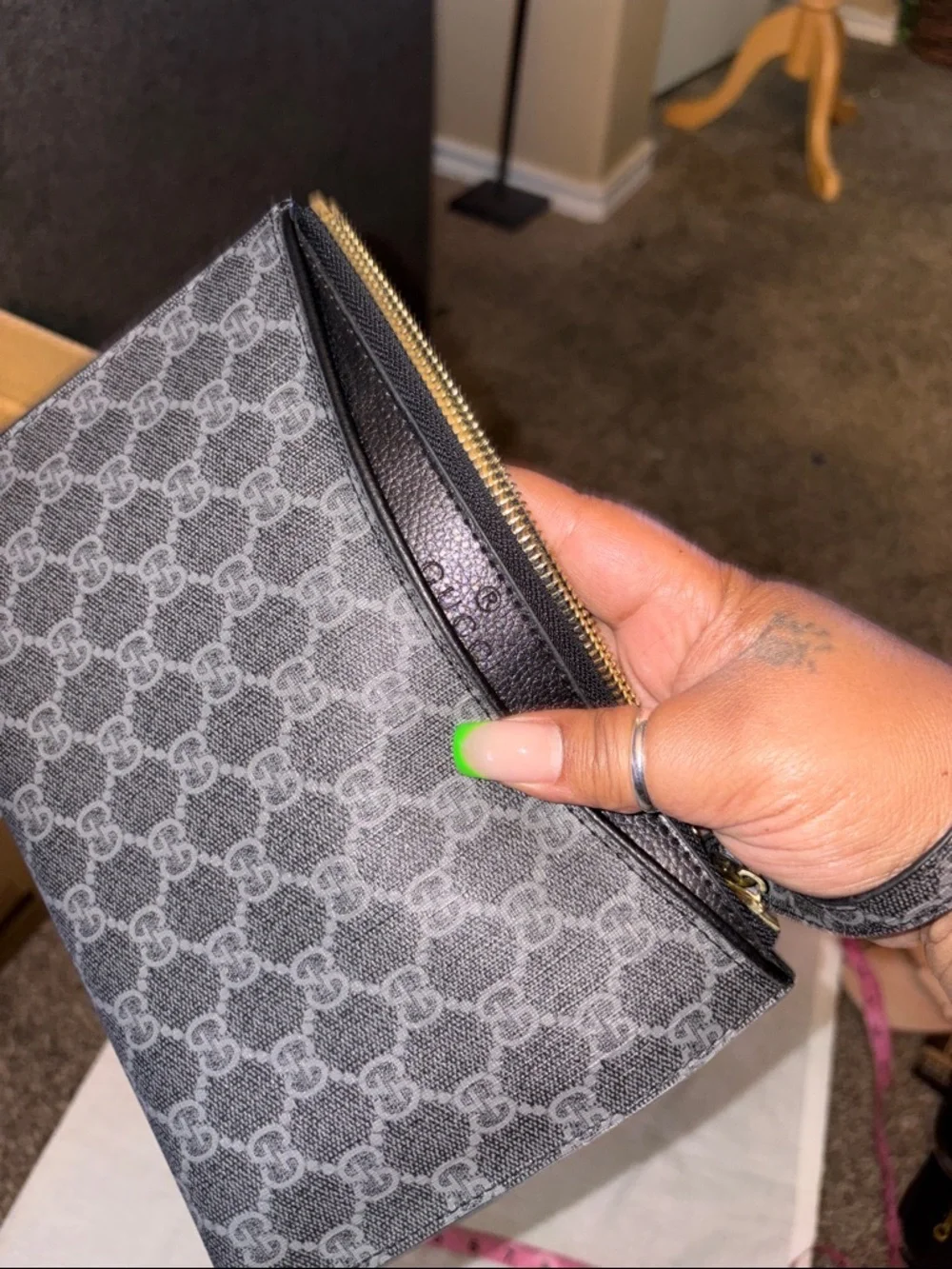 Monogram Zip Wristlet Clutch in Charcoal Gray